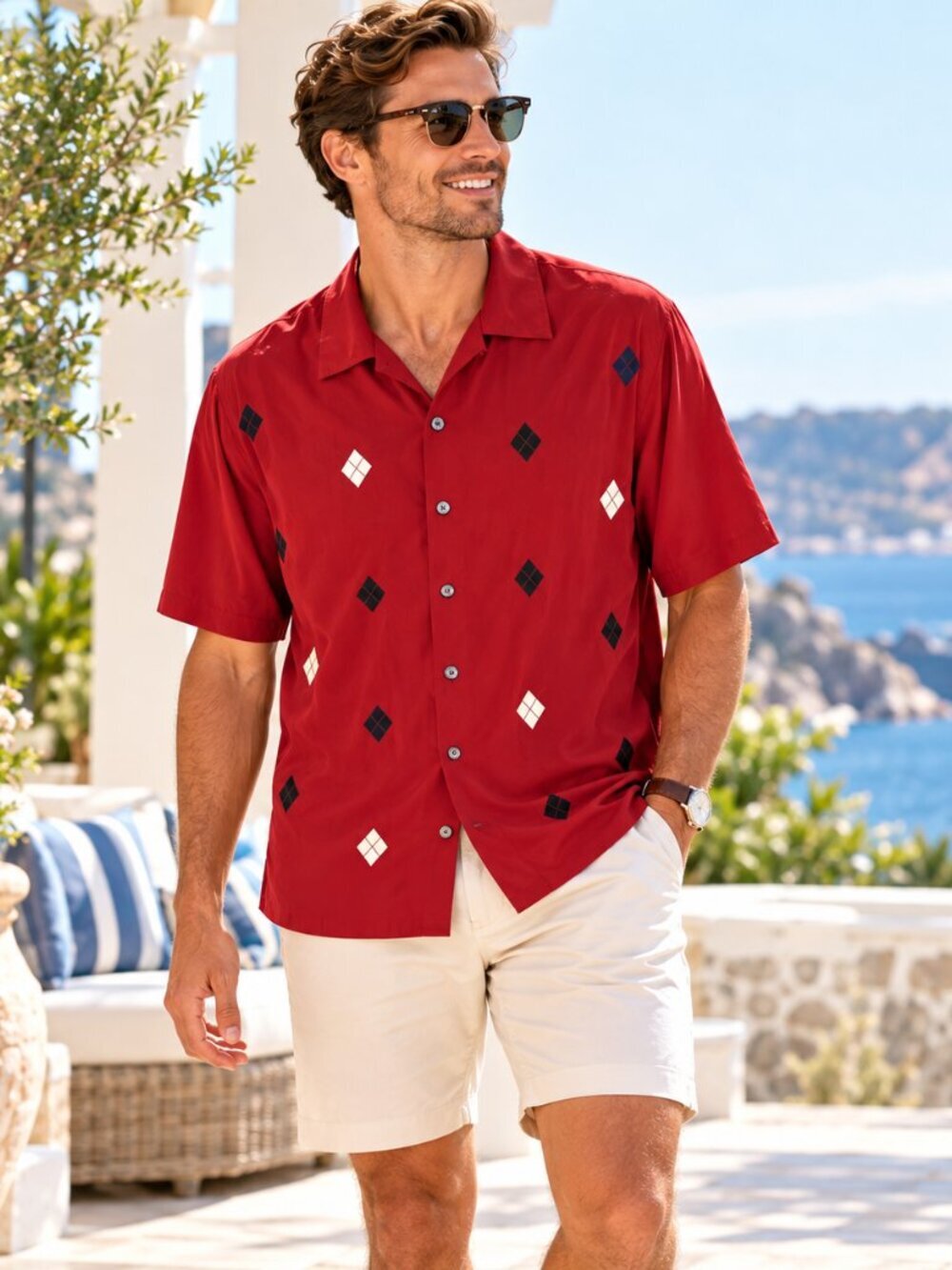 Aureus Mens Silk Blend Red Argyle Shirt L Embroidered Short Sleeve Resort Cruise